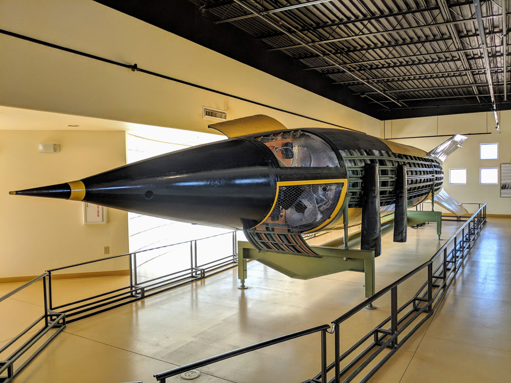 A museum exhibit displaying a missile located inside the White Sands Missile Range Museum.